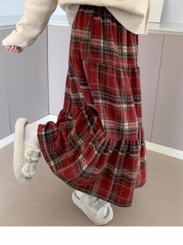 

High Waist A-Line Skirt Korean Sle Plaid Woolen Fabric plus Size Women's Faion Vintage Autumn New Arrival Skirt
