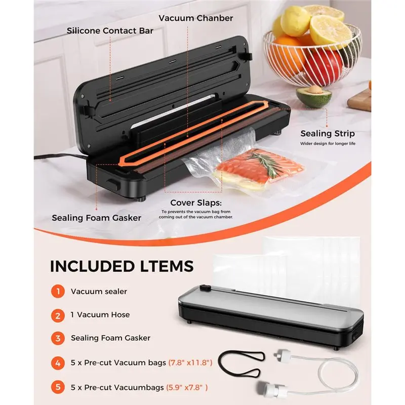 [B25B!】 Compact Design Vacuum Sealer Machine Food 6-In-1 Dry/Moist Modes Built-In Cutter+ 10 Bags US Plug