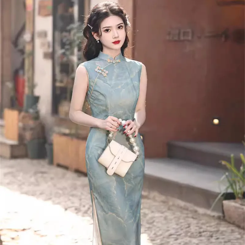 women chinese dress grenadine qipao ladies cheongsams side split China traditional clothes Summer sundress elegant midi dresses