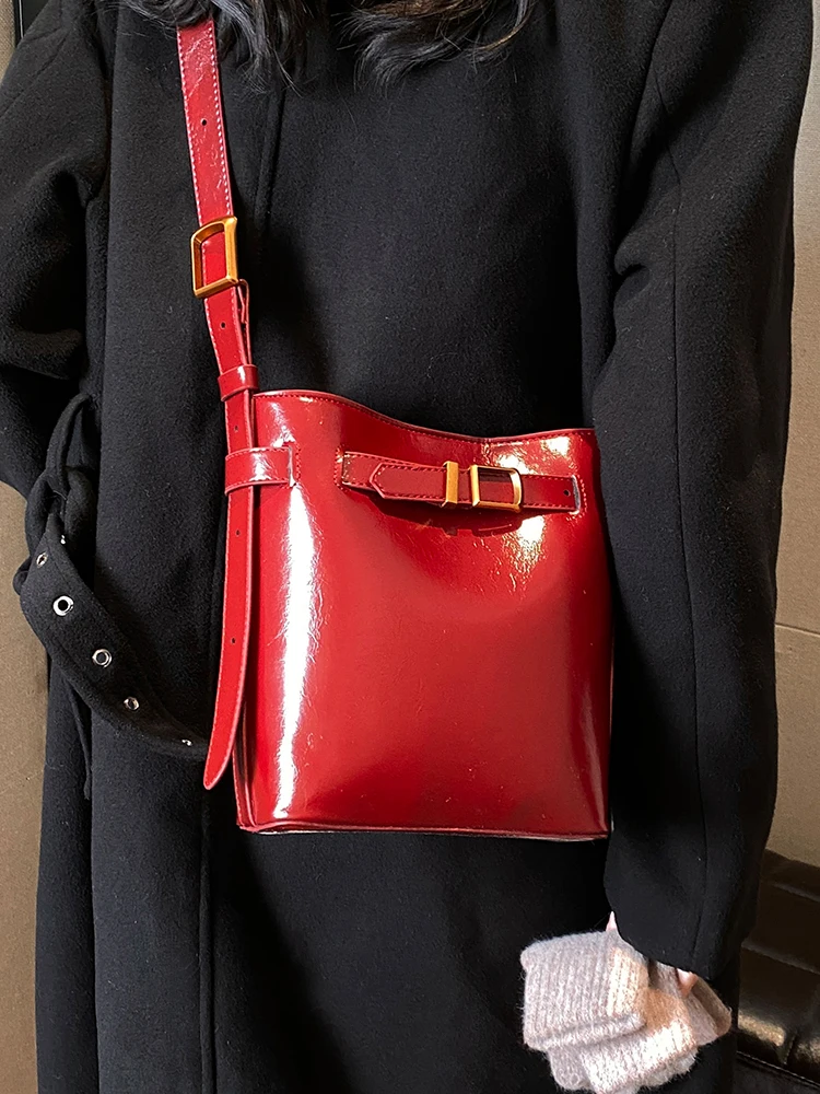 Red Patent Leather Bucket Bags Women Simple Versatile Shoulder Pack High Quality Textured Commute Crossbody Bag