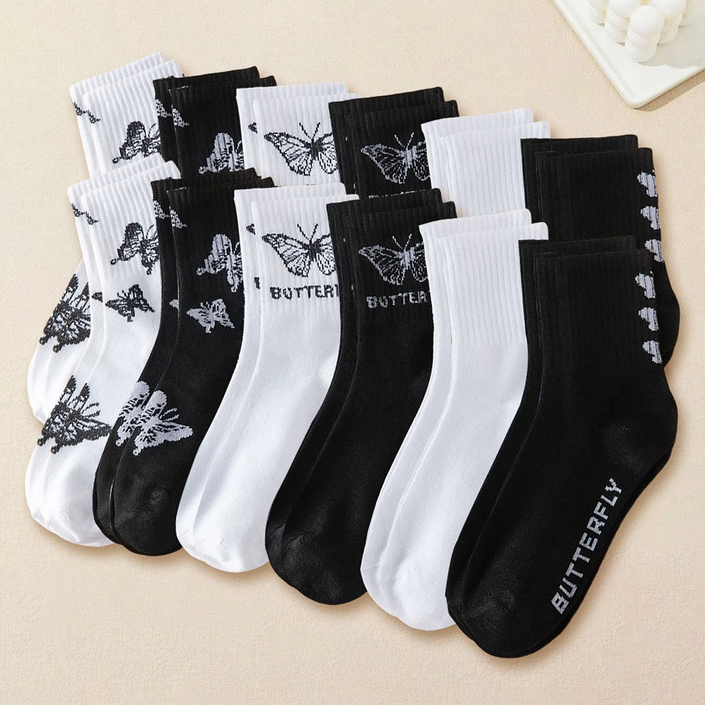 12 Pairs Women\'s Mid Length Stockings Set in Black And White With Butterfly Pattern Popular and versatile Sweat Absorption