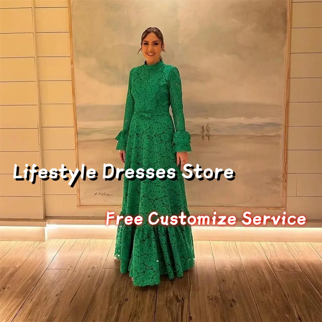 Customized Green Elegant Women Evening Gowns Long Sleeves Lace Prom Dresses High Neck Open Back A-Line Formal Party Dresses