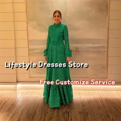 Customized Green Elegant Women Evening Gowns Long Sleeves Lace Prom Dresses High Neck Open Back A-Line Formal Party Dresses