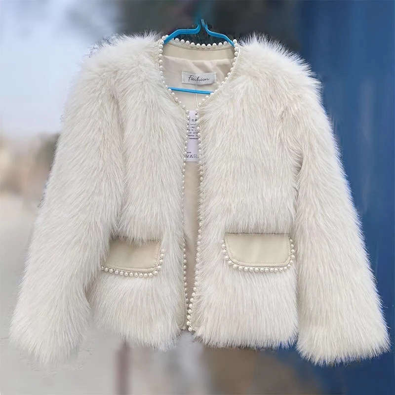 FANIECES Luxury Pearl Faux Fur Women Coat Cardigan Winter Top Warm Flurry Feather Fur Jacketجاكيت شتوي نسائي manteau femme hiver