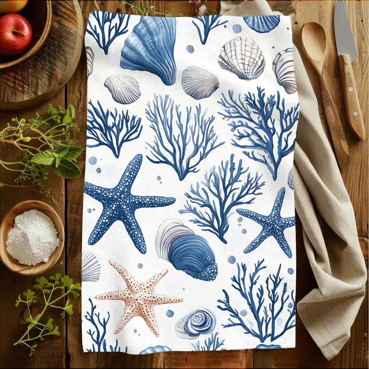 1pc Watercolor Marine Life Printed Scrub Cloth, Soft Absorbent Kitchen Hand Towel,Perfect for Kitchen,Dining Room,Bathroom, Dorm