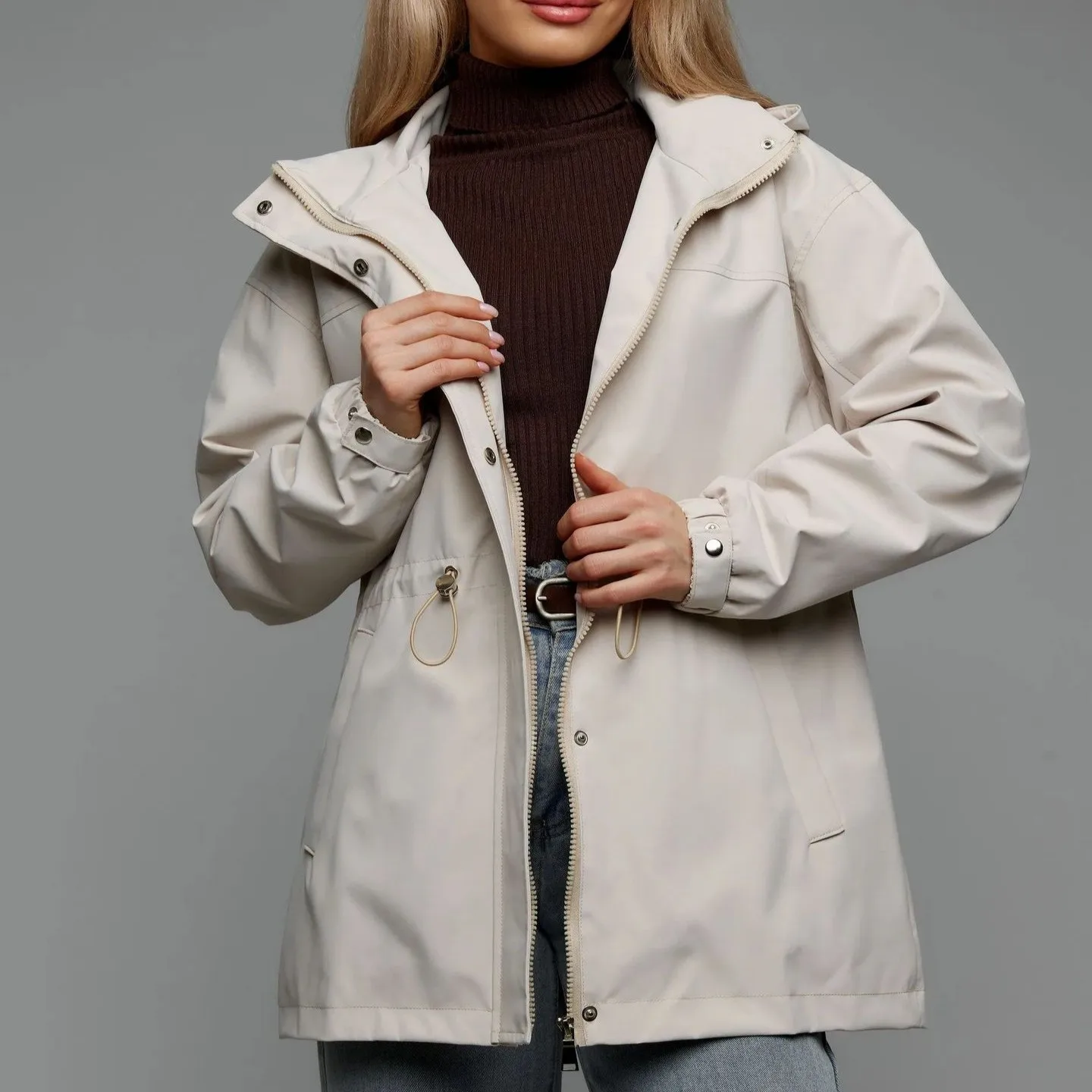 Casual Long Sleeve Coat Regular Length Commuter Chic with Wrinkle Finish Relaxed Fit Stand Collar Medium Weight Women Jacket