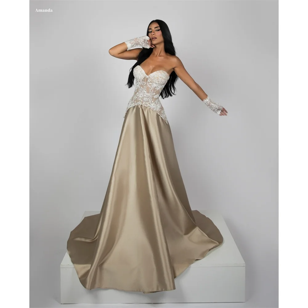 

Amanda Customized Mesh Gloves Embroidery Cut-out Floor-Length Prom Dresses Strapless vestidos de noche Sleeveless Formal Evening