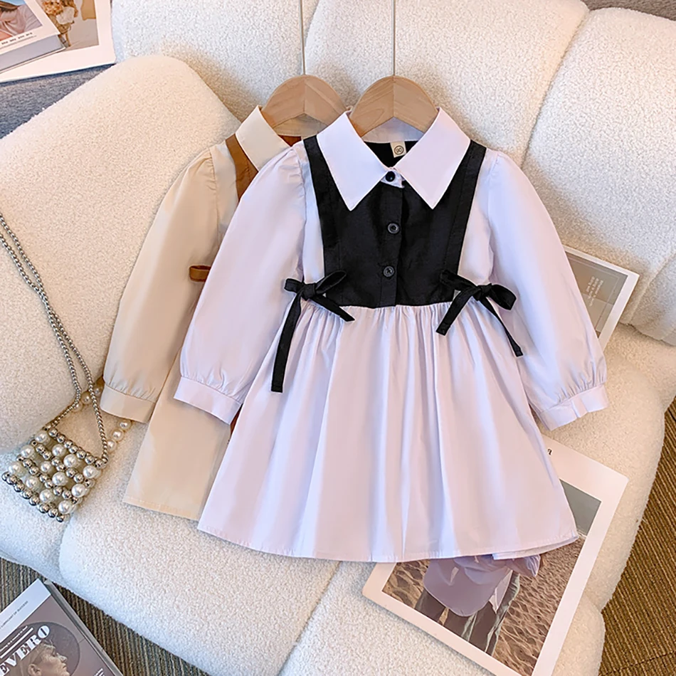 Autumn Fashion Little Girl Long Sleeve Bowknot Turn Down Collar Casual Shirt Dress Children Elegant Formal School Outfit Clothes