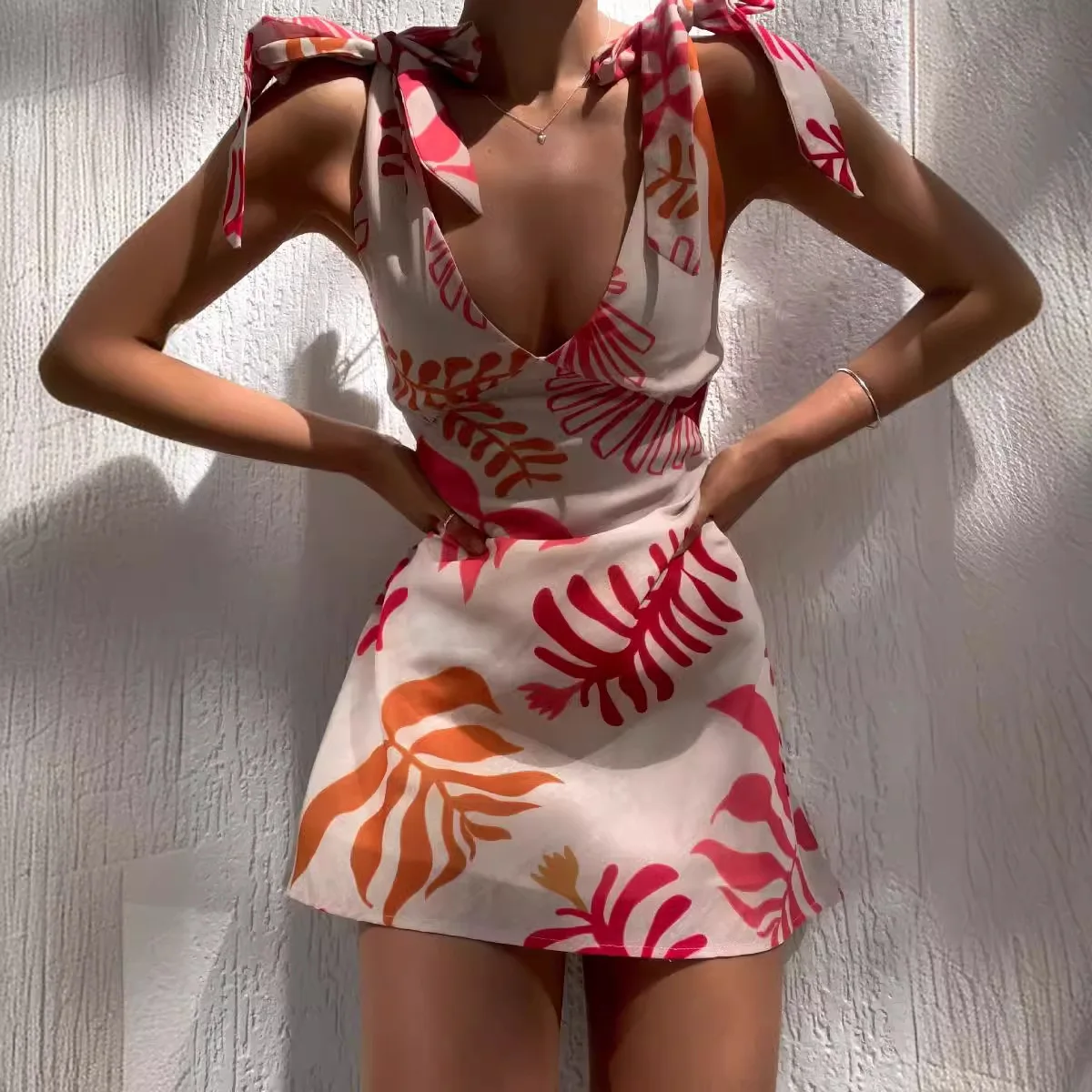 Summer Sexy Leaf Printed Strap Short Skirt Dress For Women V Neck Sleeveless Bow Tie Vacation Party Beach Mini Dresses Vestidos