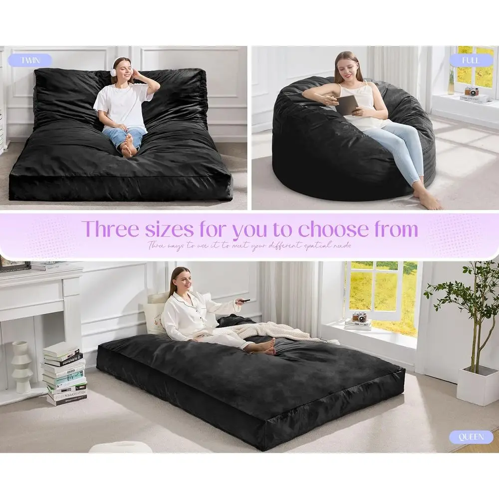 سرير كرسي بين باج بحجم للبالغين، مملوء بالرغوة عالي الكثافة، أريكة قابلة للتحويل لمساحات المعيشة وغرف النوم (أسود، مقاس كامل #5