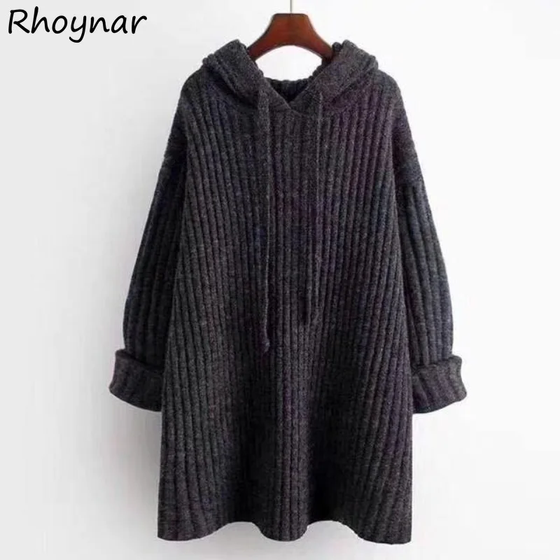 

With Hat Pullover Women Winter New Vintage Loose X-long Knitting 4XL Japanese-style All-match Solid Simple Office Ladies Leisure