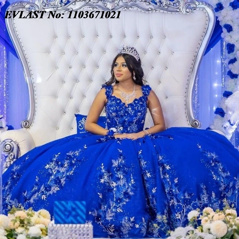 EVLAST-Vestido de Baile Quinceanera Azul Royal, Applique Floral 3D, Espartilho Beading, Sweet 16, XV 15, 15 Anos, SQ37