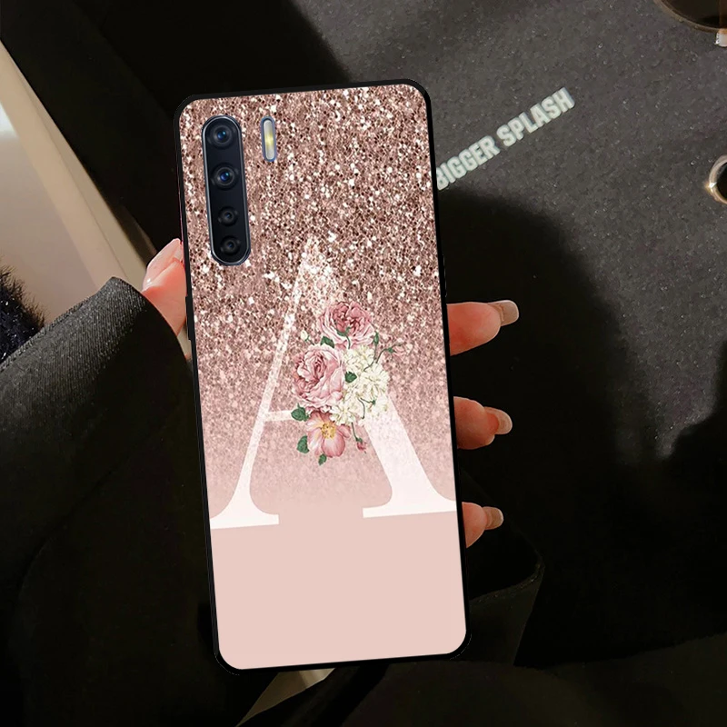 Letter Pink Shiny M R For OPPO A17 A77 A94 A74 A54 A53 A57 S A58 A78 A98 A5 A9 A15 A16 A76 A96 A93 A52 A72 Case