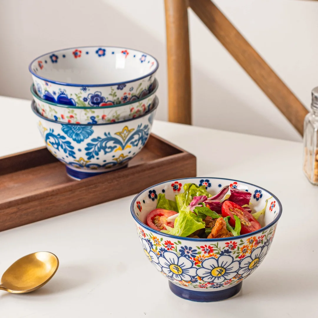 

Винтажные миски для риса — набор из 4 предметов, керамика с ручной росписью для супа, салата, йогурта