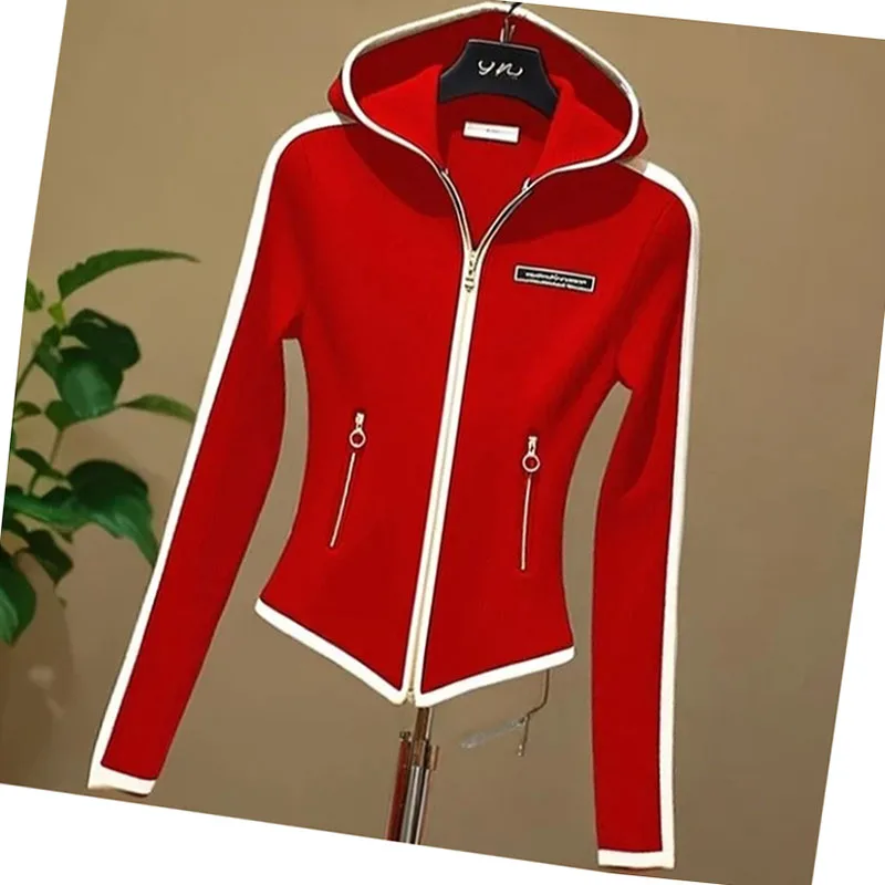 2025 Explosions Sports Casual Red Zipper Hooded Sweater Coat Women's Spring And Autumn Super Nice Waist-Shrinking And Slim Top