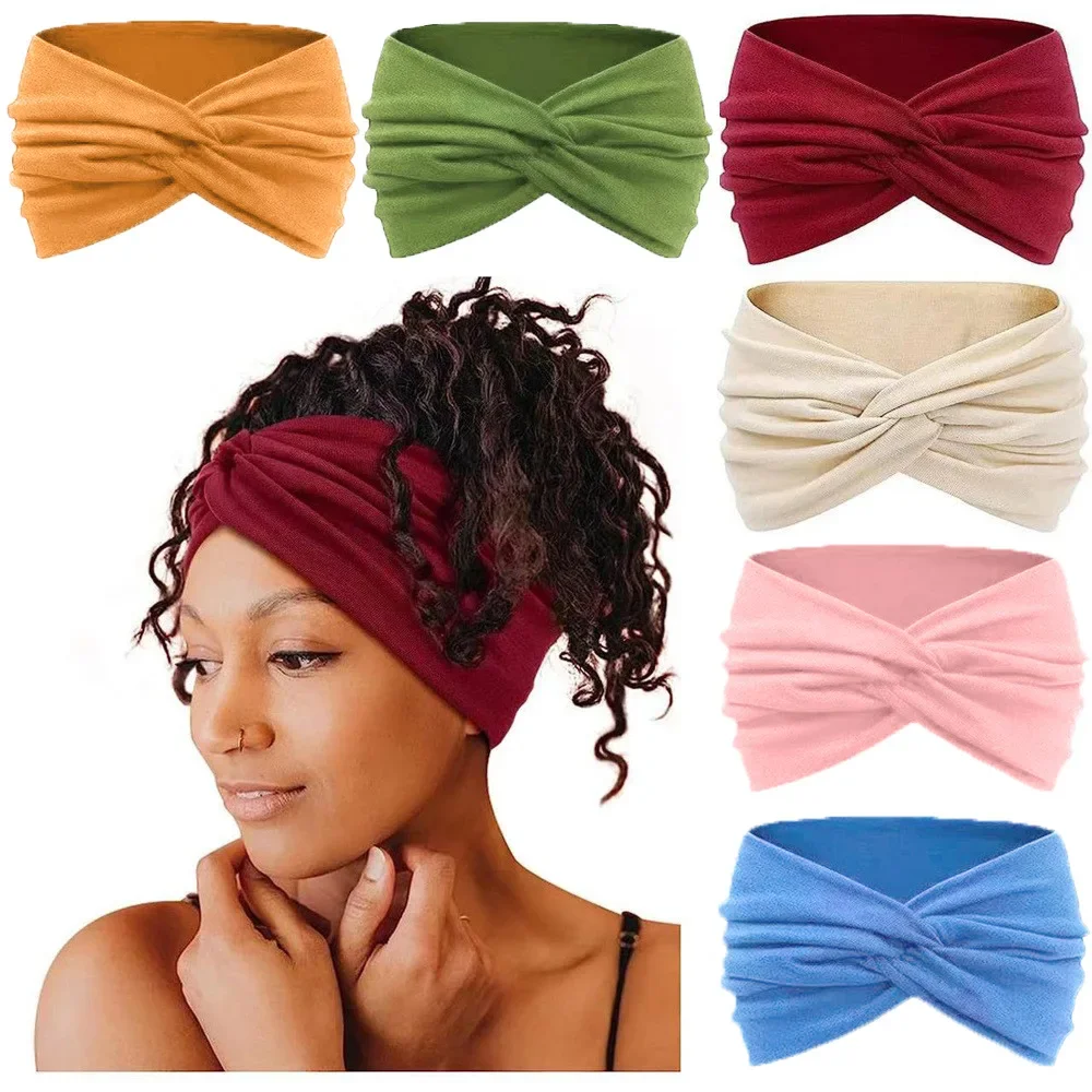 Women Girls Solid Color Headbands Knitted Cotton Hair Bands Vintage Cross Turban Bandage Bandanas Hair Accessories HairBands