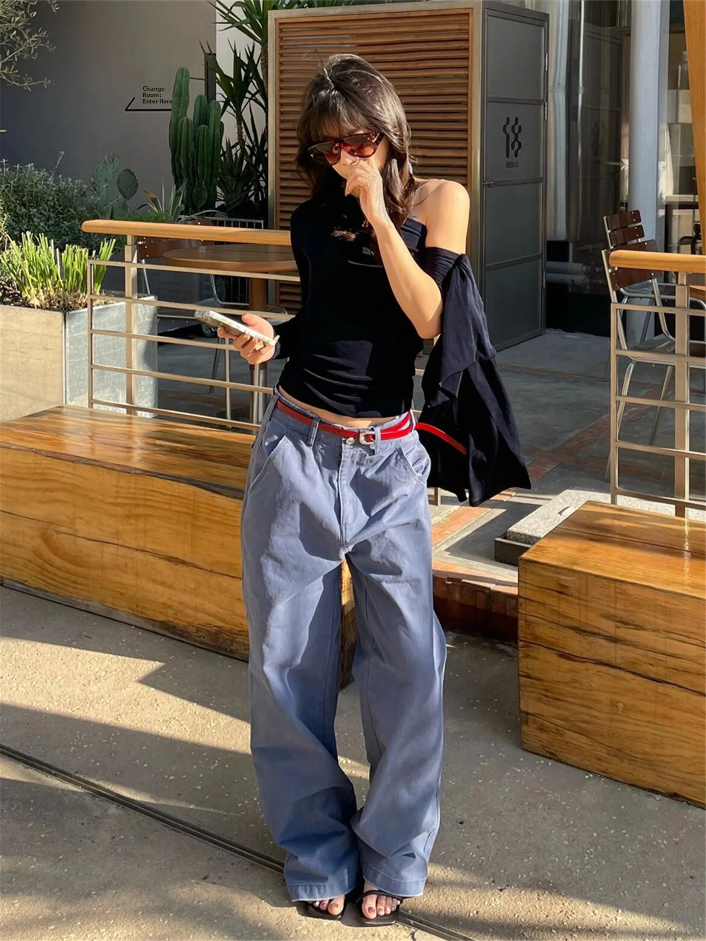 

American Street Style Workwear Blue Jeans High Waist Wide Leg Casual Loose plus Size Spring Season Women's Trousers