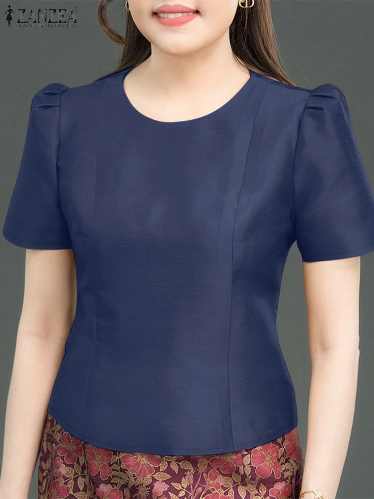 Stilvolle Frauen Tops ZANZEA Elegante Sommer Satin Bluse Kurzarm Solide Büro Hemd Casual O Neck Arbeit Blusas Mujer Femme 2025