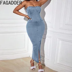 FAGADOER Spring New Off Shoulder Hollow Out Bandage Denim Tube Dresses Women Sleeveless Backless Slim Vestidos Female Clothing