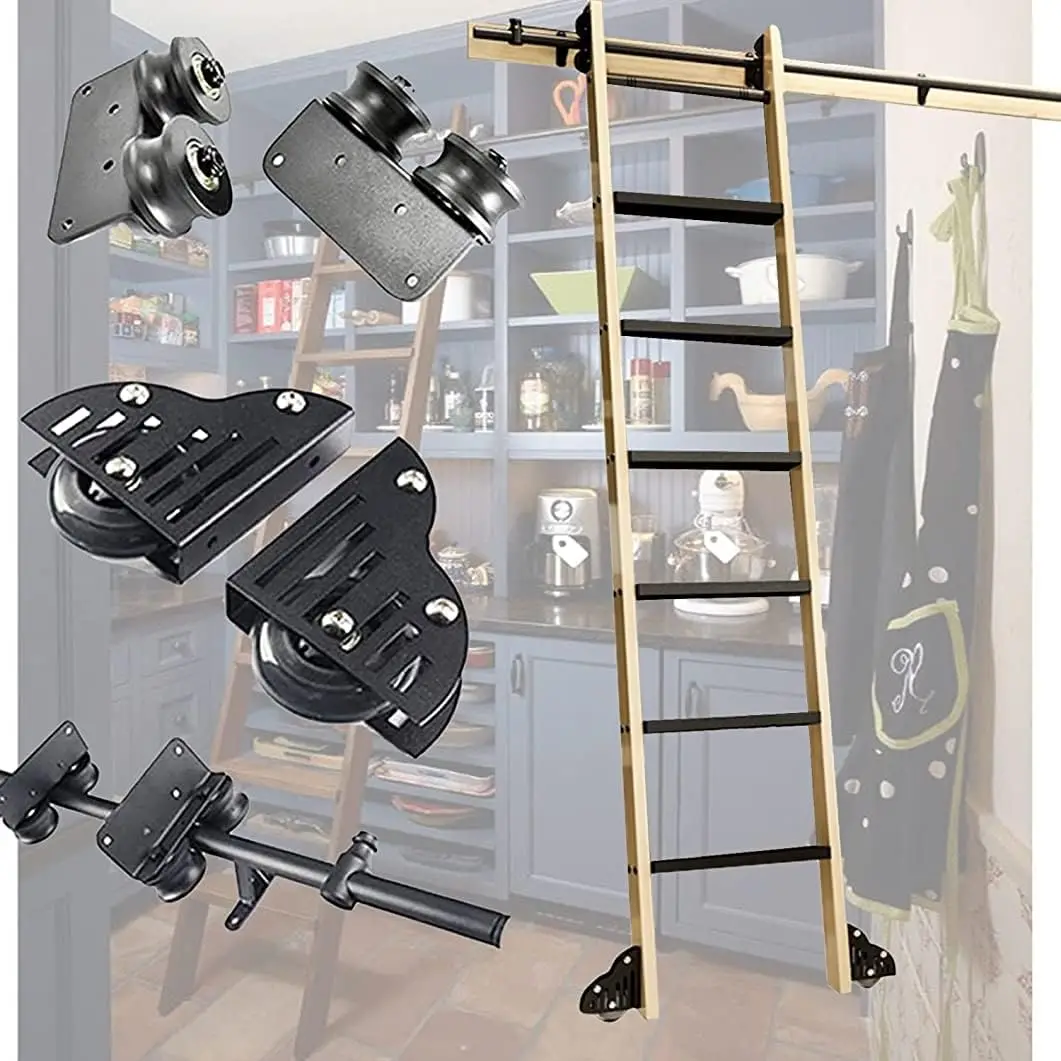 Mobyat Sliding Barn Door Hardware Kit (No Ladder), Rolling Ladder Hardware Library With Floor Rollers +Extension Track For