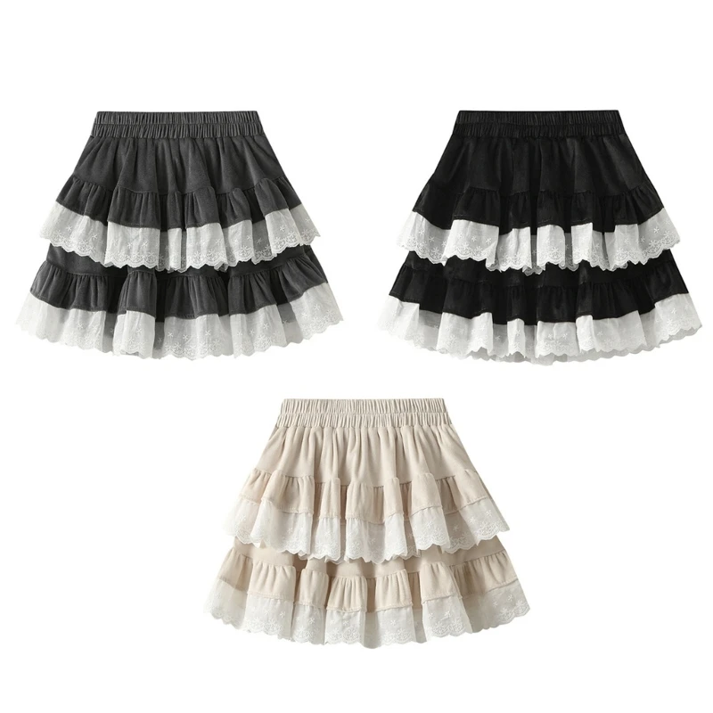 F42F Elegant Double Layered Lace Trim A Line Skirt for Dates and Campus Event Women Elastic Waist Velvets Mini Skirt