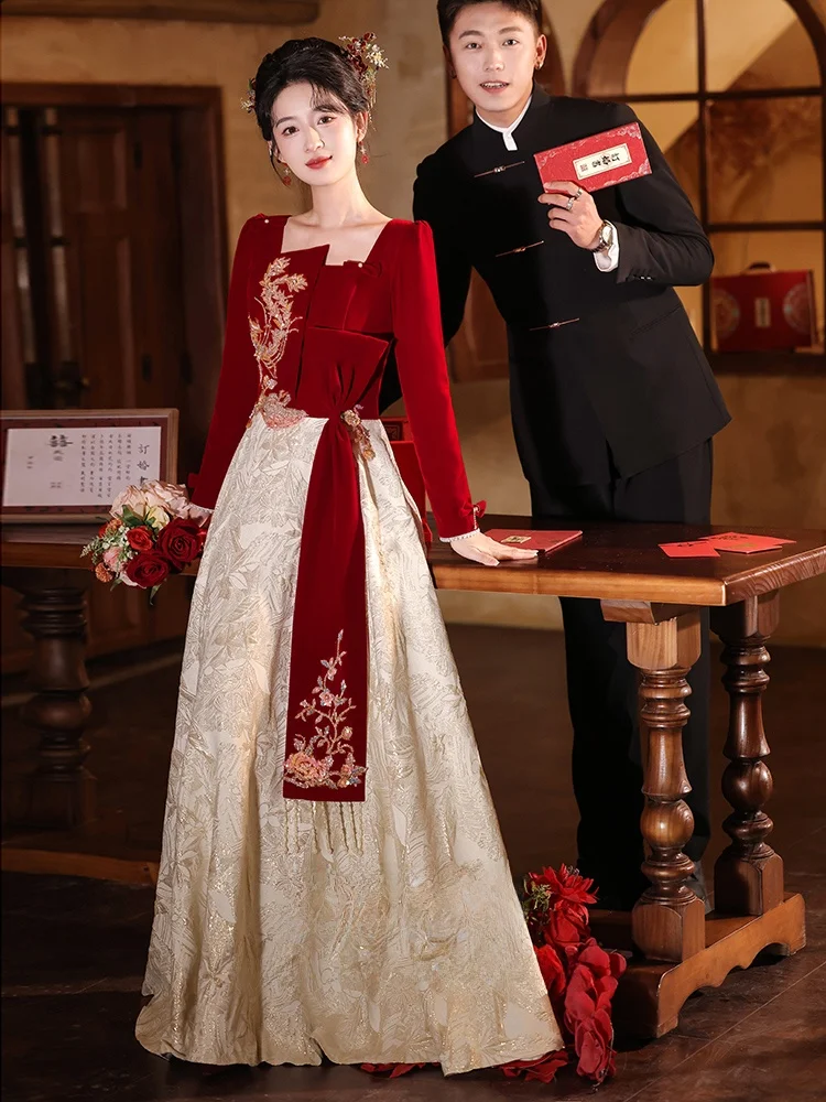 

Red Wedding Dr Long Sve New Chinese Sle Engagement Ceremony Dr Ele High-End Sensation Floor-Length Flag Robe