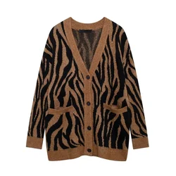 Tangada 2024 New Women Leopard Oversized Knit Cardigan Sweaters Female Jumper Outwear 3H0929