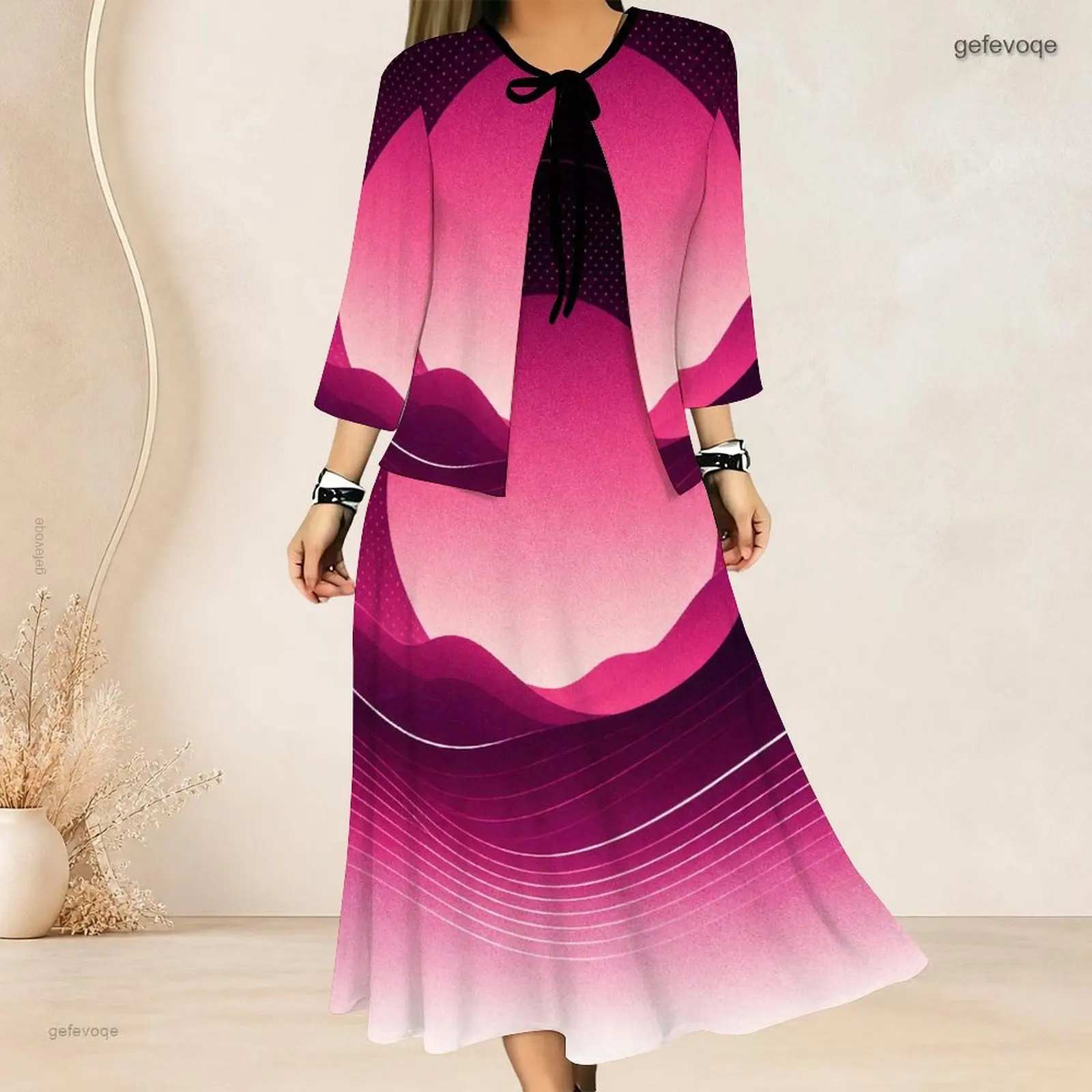 Women Gradient Golden Wavy Line Printed 3/4 Sleeve Cardigan and Sleeveless Long Dress Two Piece Set