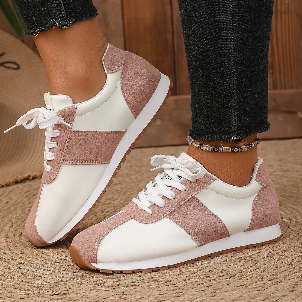 Women Color Block Sneakers Lace Up Patchwork Retro Walking Shoes Ladies Lightweight Casual Flat Athletic Shoes