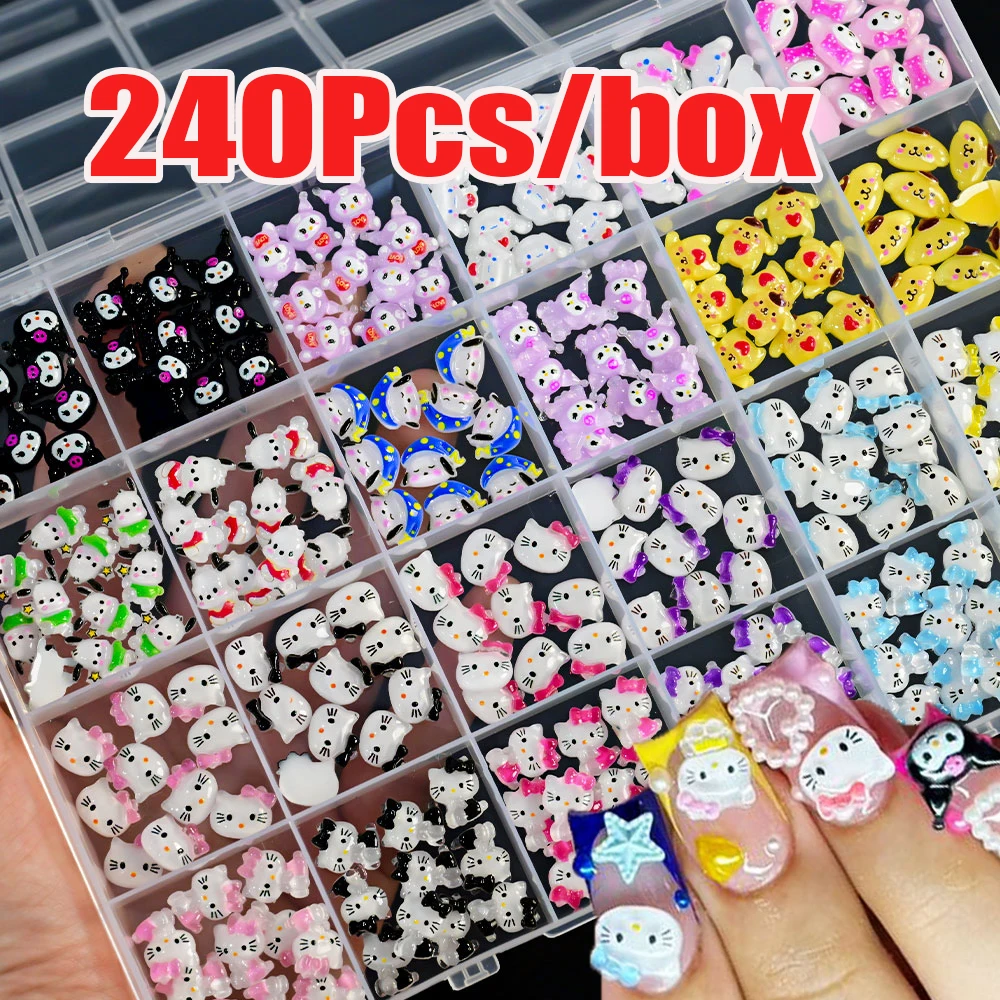 240/70Pcs Kawaii Sanrioed Kuromi/Hellokitty Nail Art Charms 8-10mm Cartoon Kuromi Hellokitty Nail Parts DIY Kwaii Nail Crafts