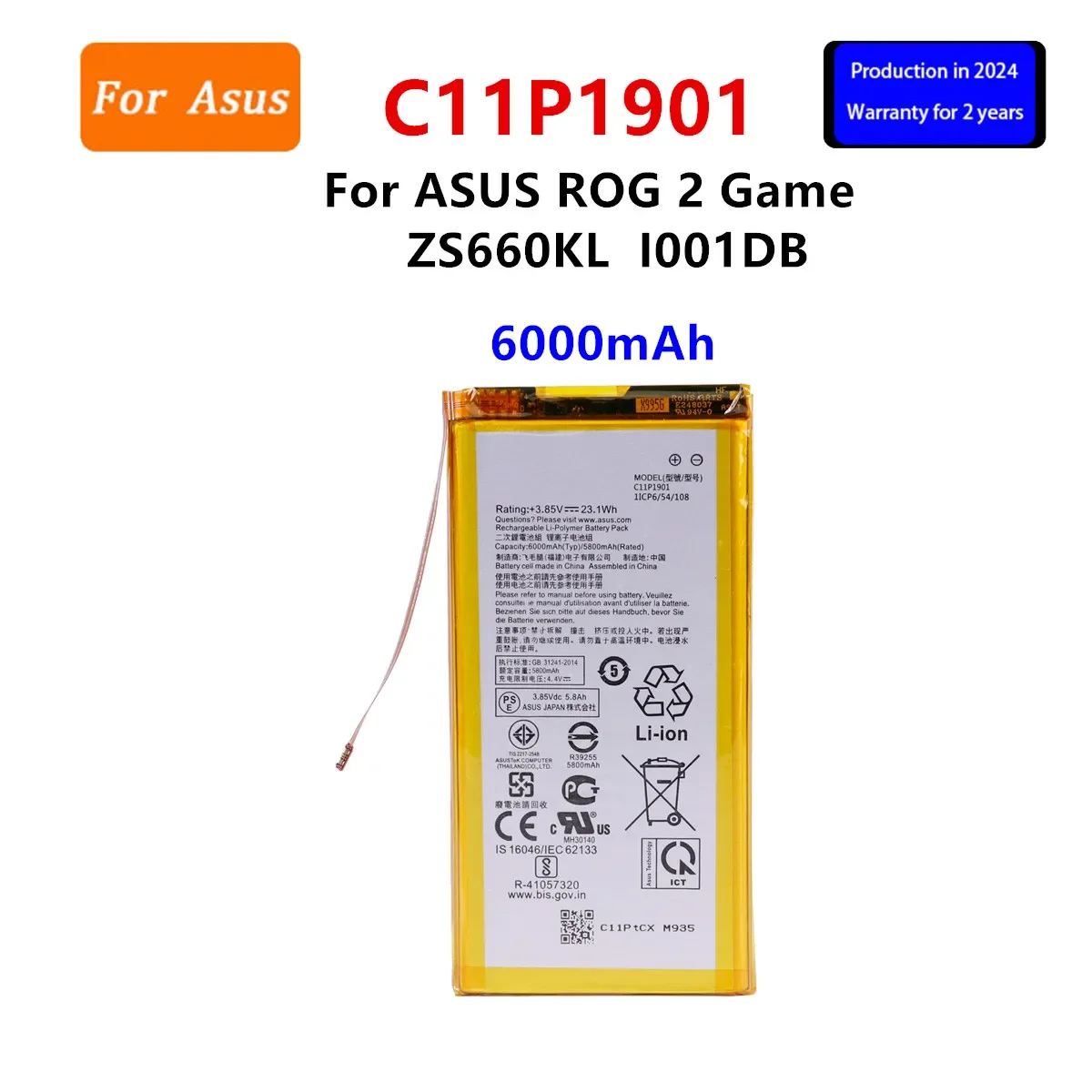 Brand New Battery C11P1901  6000mAh  For  ASUS ROG 2 Game  ZS660KL I001DB  Phone  Battery +Tools