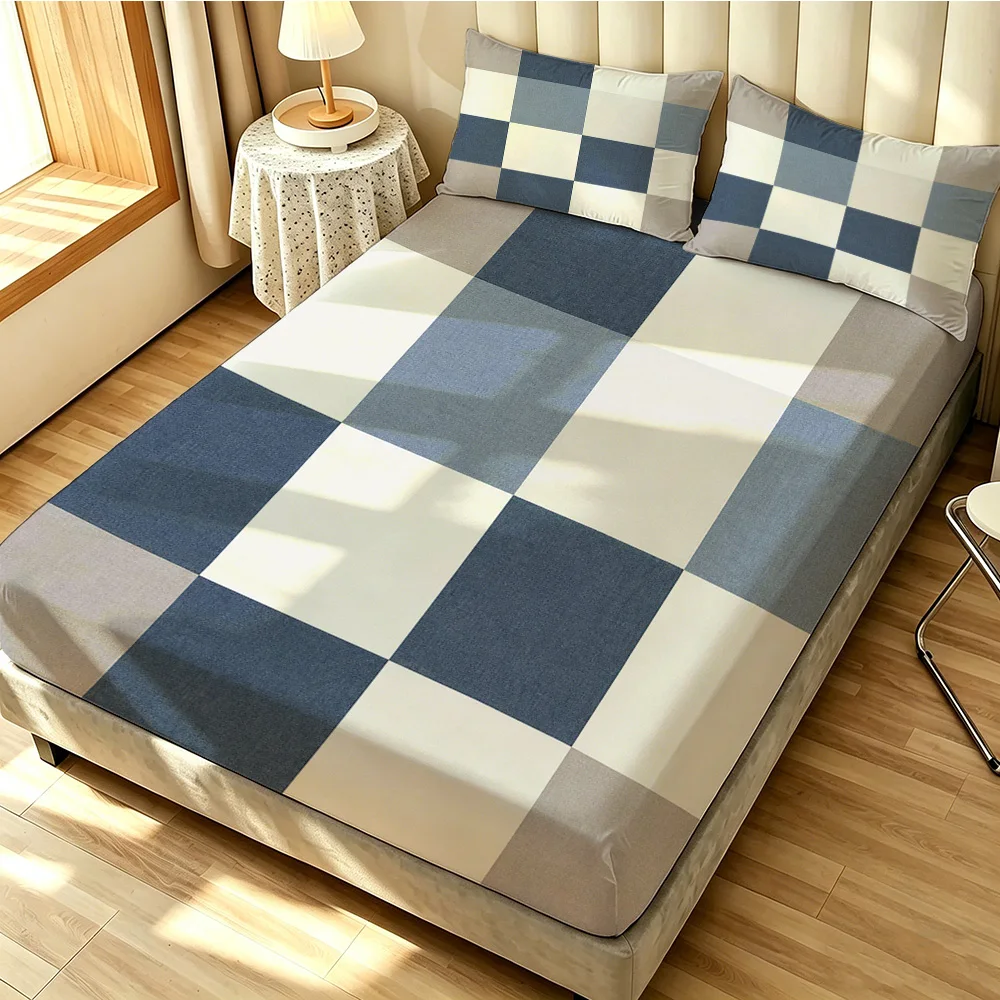 3PCS color-blocked plaid bedding set fitted sheet mattress coreless softening and decorating bedroom bedding arrangements