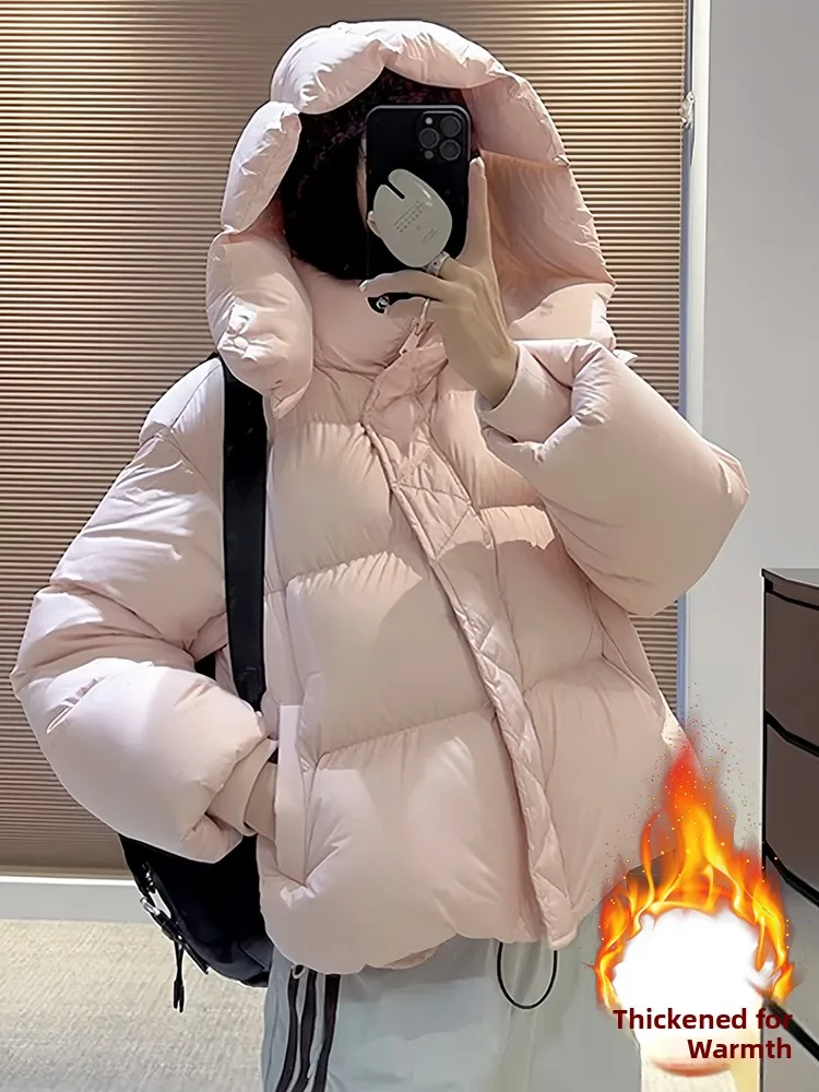 

Women's Hooded ort Puffer Jaet Thiened Winter Coat Warm Cotton Bread Sle Outerwear Korean Loose Fit Long Sve Zipper