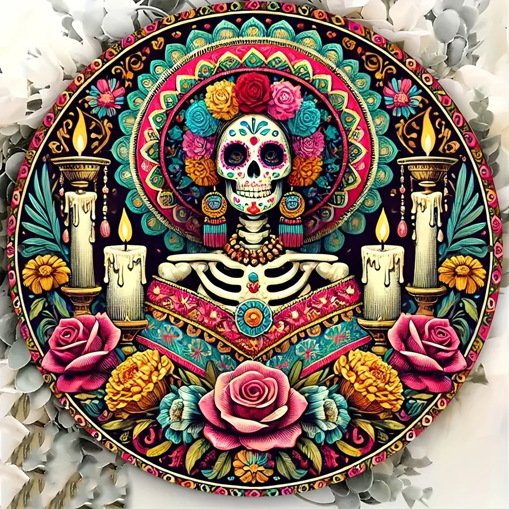 لافتة معدنية من الألومنيوم على شكل جمجمة La Catrina - فن جداري يوم الموتى للمنزل والبار والمقهى والمزرعة - هدية مثالية للعطلات #1