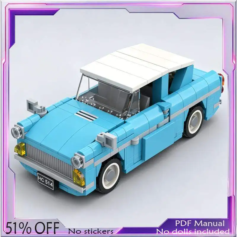 321PCS Blue Retro Classic Flying Vintage Car Vehicle Model Custom Building Blocks DIY Assembly Toy Collection Display Gift