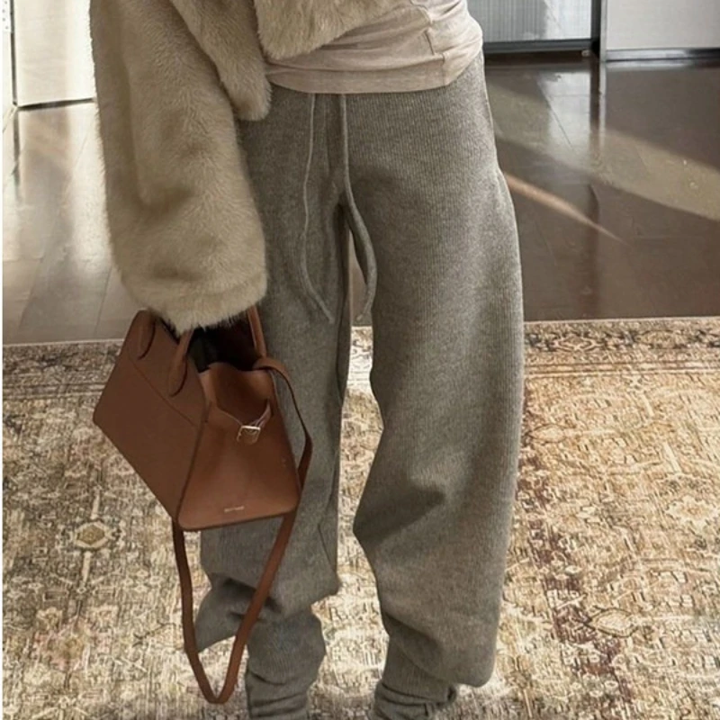 

2026 Autumn New Fashionable Trendy Loose High Waist Grey Tight Leg Drawstring Micro Elastic Knitted Pants
