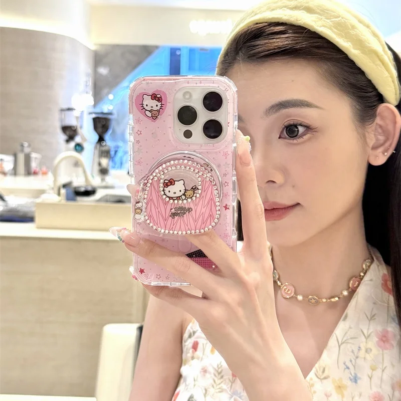 

Cute star Hello Kitty Bear Bling Glitte Magsafe Wireless Charge Case For iPhone 13 14 15 16Pro Max KT Bear Glitte Magnetic Stand