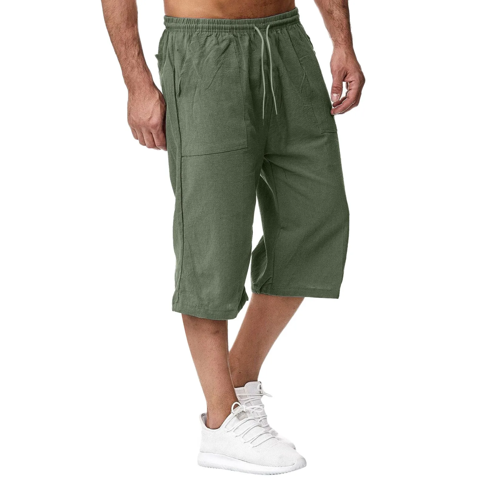 Men\'S Summer Cotton Linen Capris Trendy Solid Color Drawstring Elastic Waist Bottoms Retro Double Pocket Pants Hawaiian Shorts