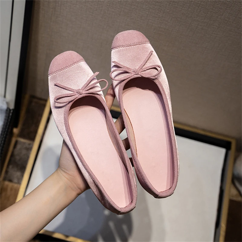 Breathable Silk Ballerinas Ballet Flats Women Summer Autumn Slip On Loafers Square Toe Bowknot Flat Casual Shoes