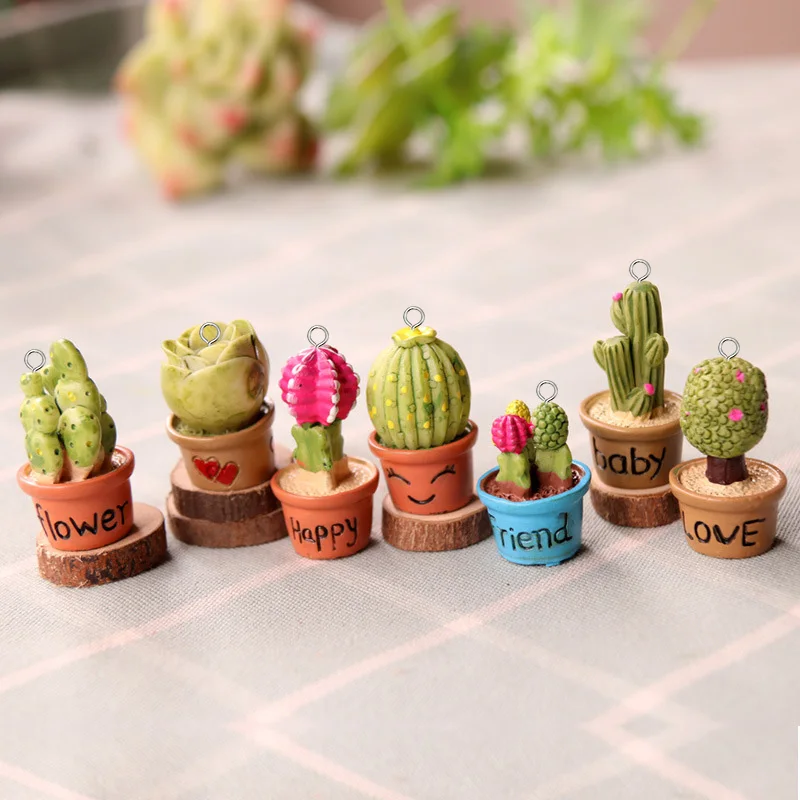 6 uds 3D Micro paisaje Cactus pequeña planta en maceta resina encantos simulación planta verde colgante para pendiente llavero joyería Diy