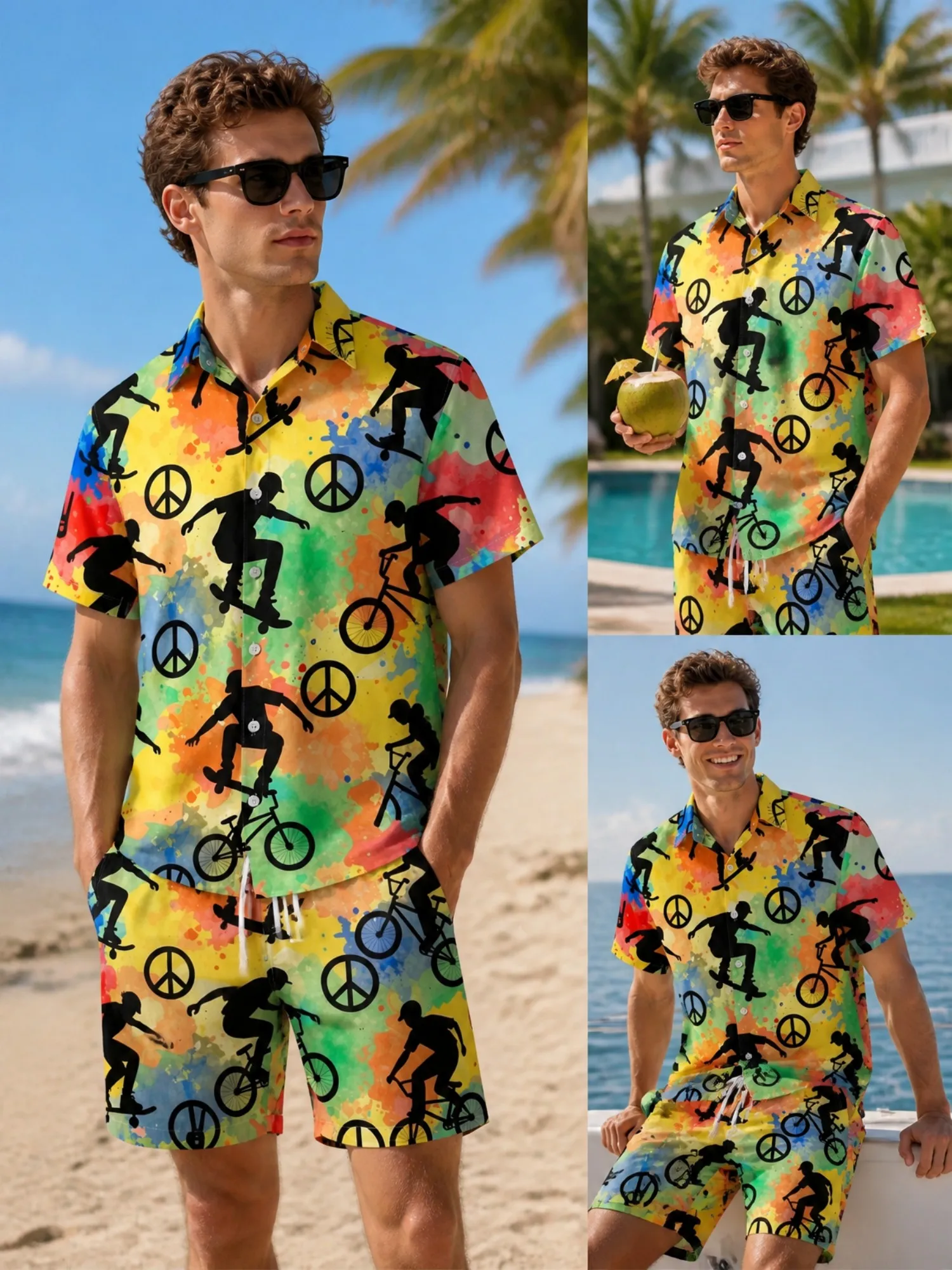 Ensemble chemise à manches courtes à fleurs et short à cordon de serrage pour homme, tenue de plage décontractée d'été, ensemble deux pièces pour les vacances