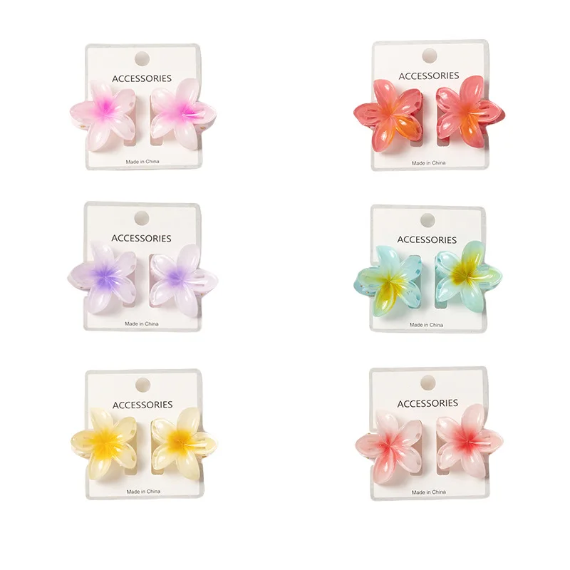 FANYIN 2Pcs 4cm Sweet Gradient Flower Hair Claw Hairpin Women Plumeria Barrettes Ponytail Holder Hawaiian Beach Hair Accessories