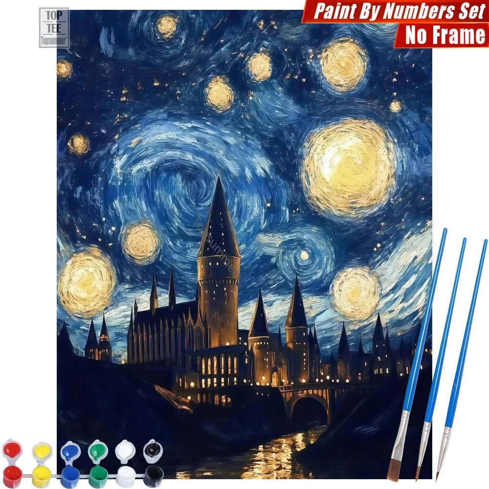 Kit de pintura por números del mágico castillo de Hogwarts - Arte de pared con diseño de noche estrellada, decoración para el hogar, regalo de San Valentín para novia