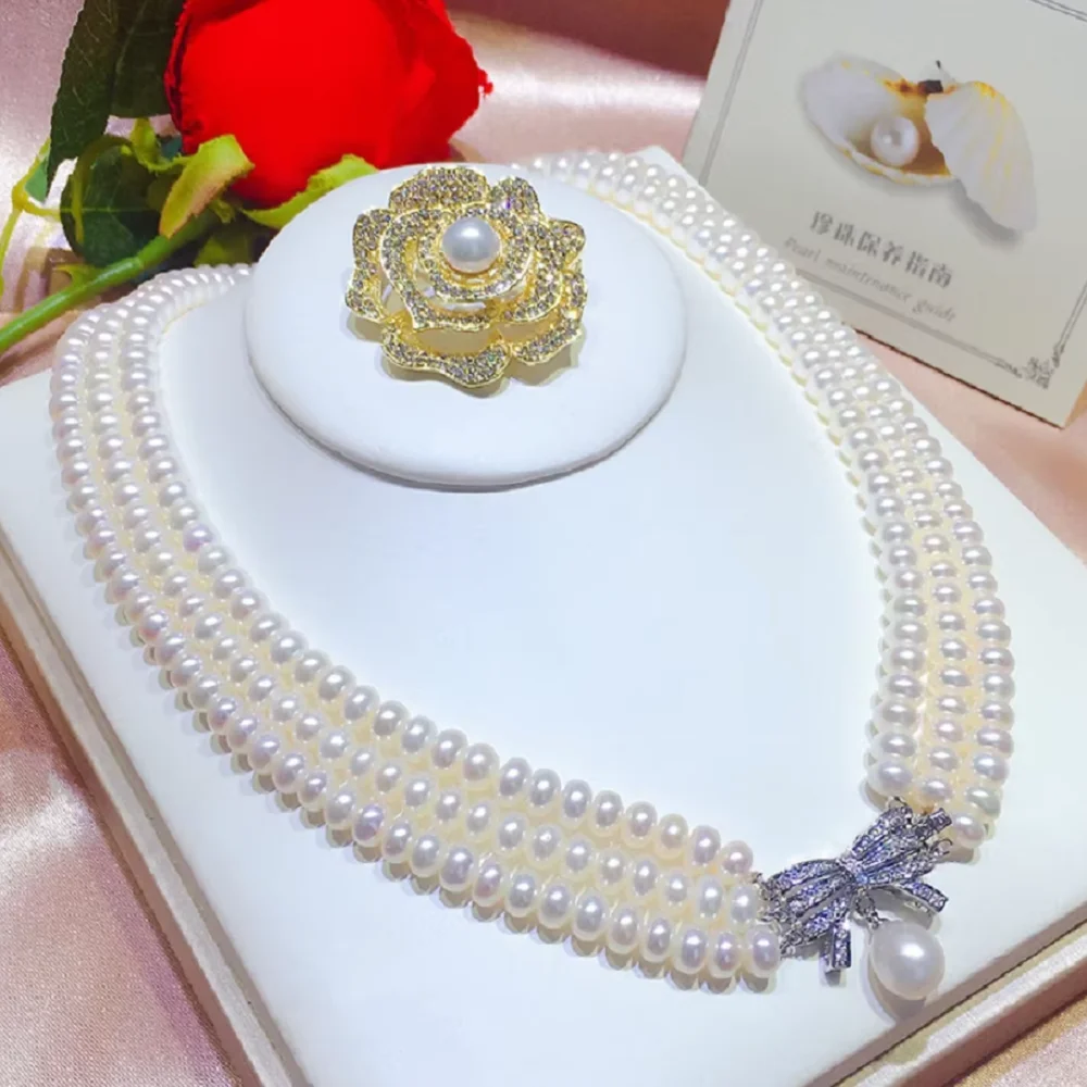 3-Row Natural Pearl AAAA 8-9mm Japanese Akoya Round Pearl Necklace 16 * 17 * 18 inch  925 seconds