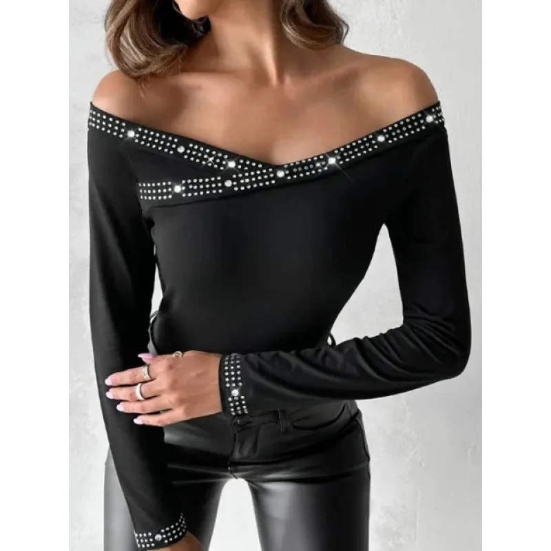 2024Europe and America Cross Border Women's Fashion Trend off-Shoulder Street Sexy off-Shoulder Rhinestone Slim Top