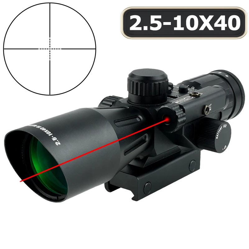 2.5-10x40IR and Red Laser Sight Tactical Combo Reflex Optic Adjustable Rifle Scope Cross-Hair Reticle Hunting Positioning Mirror