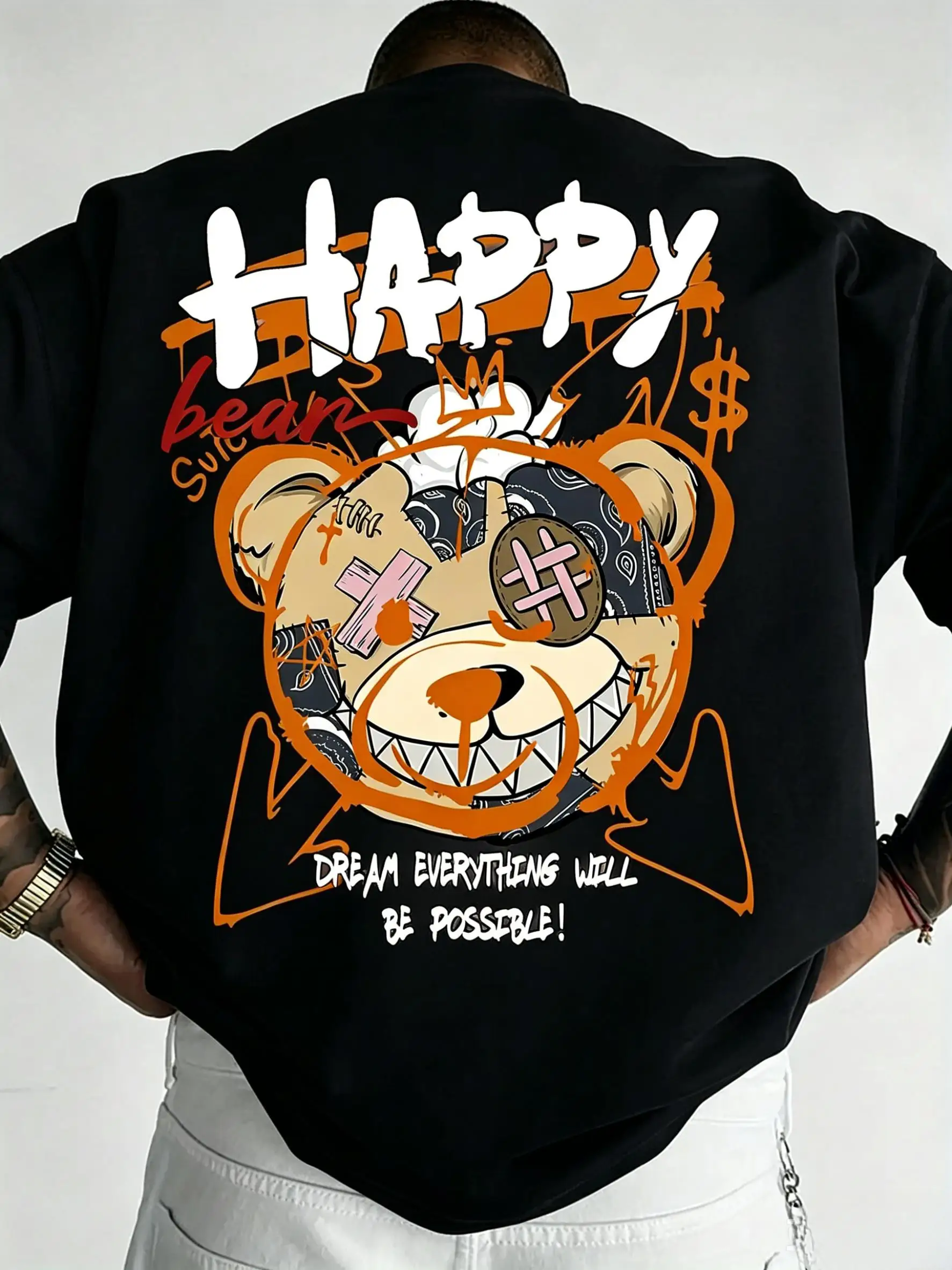 American men's summer personality horror teddy bear letter print micro elastic breathable round neck T-shirt outdoor street top