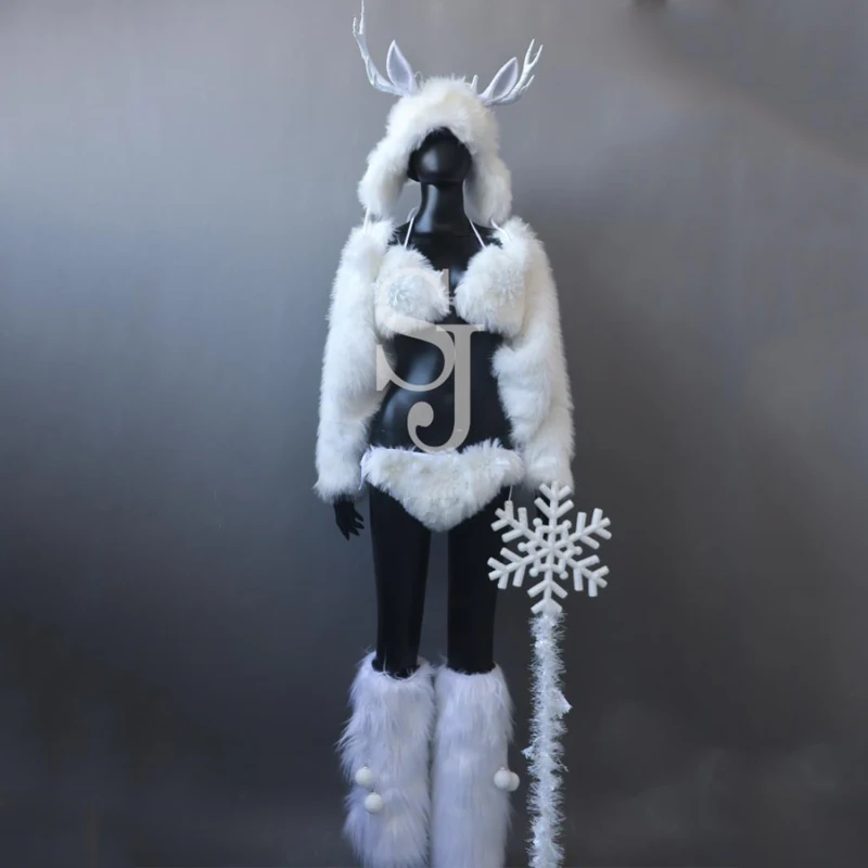White Feather Set Hat Christmas Gogo Dancer Costume Women Cosplay Festival Outfits Bar Ds Nightclub Stage Dj Rave Wear XS7406