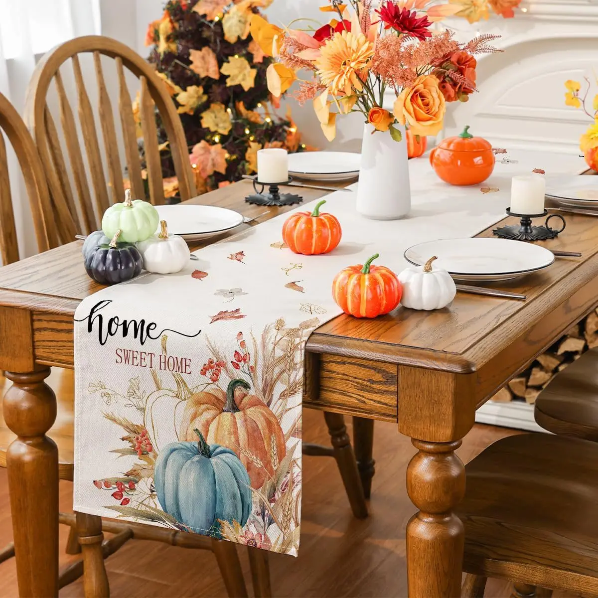 Fall Table Runner Watercolor Pumpkin Autumn Thanksgiving Table Runners Holiday Dining Room Kitchen Table Party