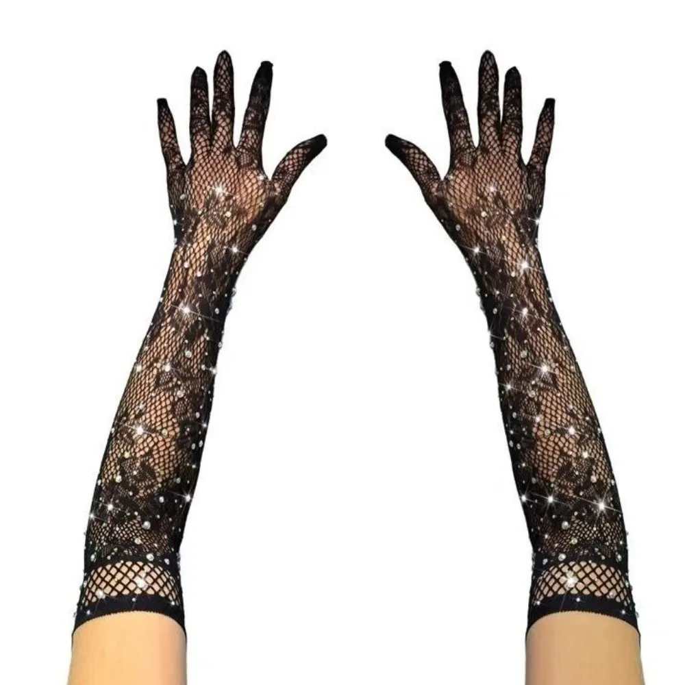 Новые сетчатые длинные варежки, праздничное платье, косплей, ажурные перчатки, танцевальный костюм, блестящие перчатки со стразами, сексуальные
